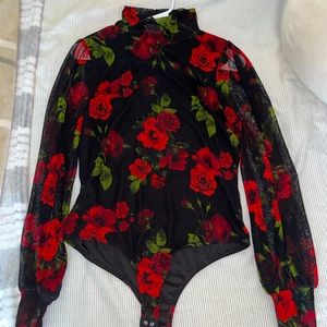 Bodysuit with roses and sheer arms! Size Large!